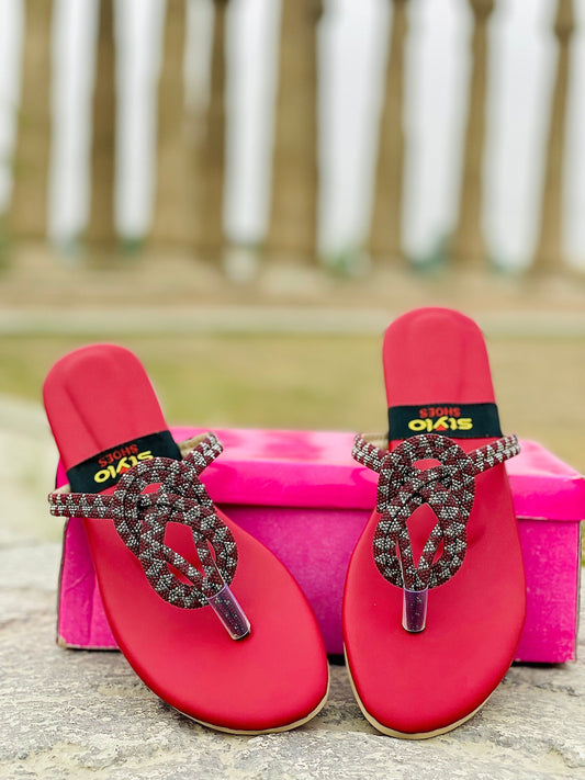 ✨ Red Rhinestone Slip-On Slippers