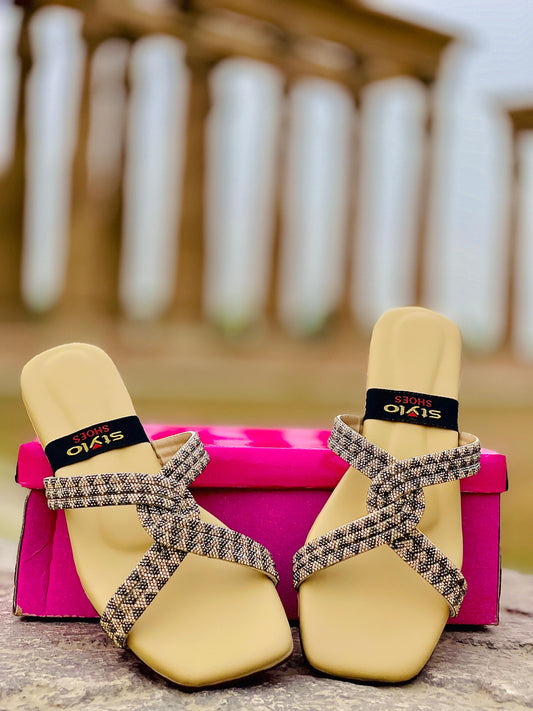 ✨ Elegant Beige Cross-Strap Slippers